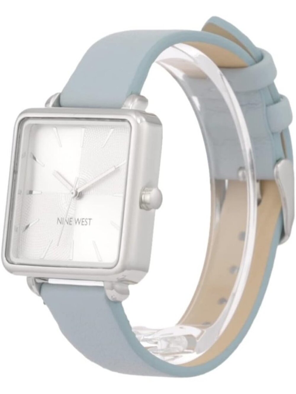 Nine West Women's Light Blue Silver Analog Solid Faux Leather Strap Square Watch - Picture 6 of 6